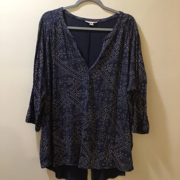 Lucky Brand Blue 3/4 Sleeve Boho Top Spring Blouse Paisley Floral Print - Picture 1 of 7